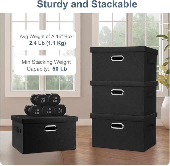 Graciadeco Medium 15" 21 Quart Collapsible Stackable Storage Bins with Lids, 5 Packs Black Foldable Fabric Closet Storage Boxes with Lids, Lidded Heavy-duty Linen Baskets(15x11x8) | 21 Quart 5 Pack Black Collapsible Stackable Linen Fabric 4 Handles Bed...