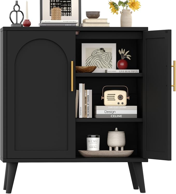 Keehusux 15.7" D Black Storage Cabinet with 2 Doors & Adjustable Shelf | Accent Buffet Sideboard Solid Wood Legs, Coffee Bar, Modern Floor Storage Cabinet for Kitchen, Living Room