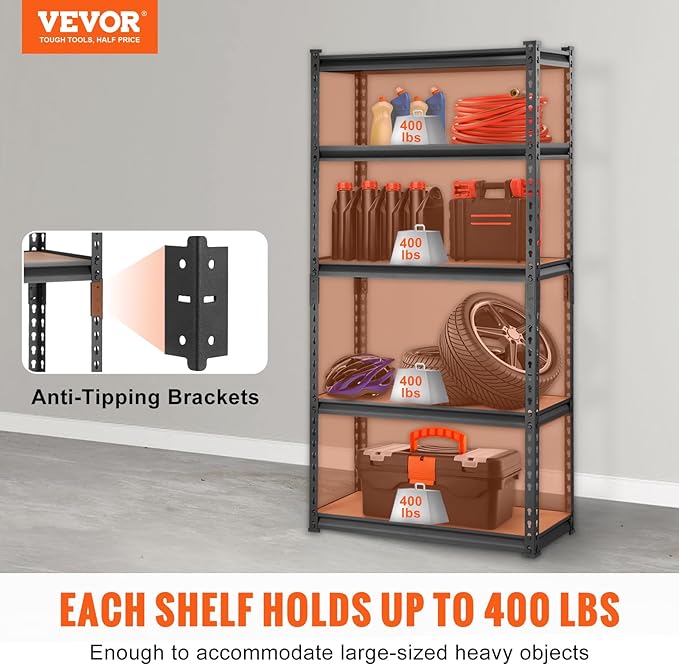 VEVOR Storage Shelves 5-Tier Adjustable 2000 lbs 30"x12"x60" Shelving Unit | Heavy Duty Garage Storage Metal Utility Rack Shelf for Kitchen, Pantry, Basement, Bathroom, Laundry, Living Room, Warehouse