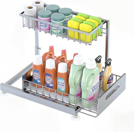 Saydear L-Shaped Under Sink Organizer, 2-Tier Pull-out Cabinet Rack 1-Pack | Grey Height-Adjustable Steel Rack, Sliding Grid Drawers with PP Liners, Holds 100 Lbs, Suction Base, Ideal Kitchen Storage