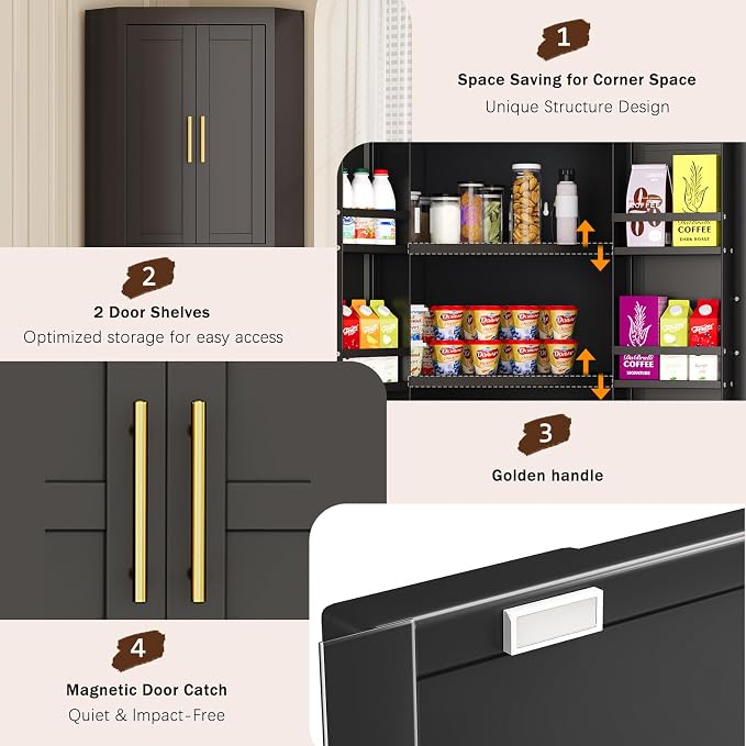 Farmhouse Corner Cabinet, 63" Tall Corner Storage Cabinet with 4 Doors & 3 Adjustable Shelves, Free Standing Storage Cabinet for Living Room, Kitchen, Bathroom, Black