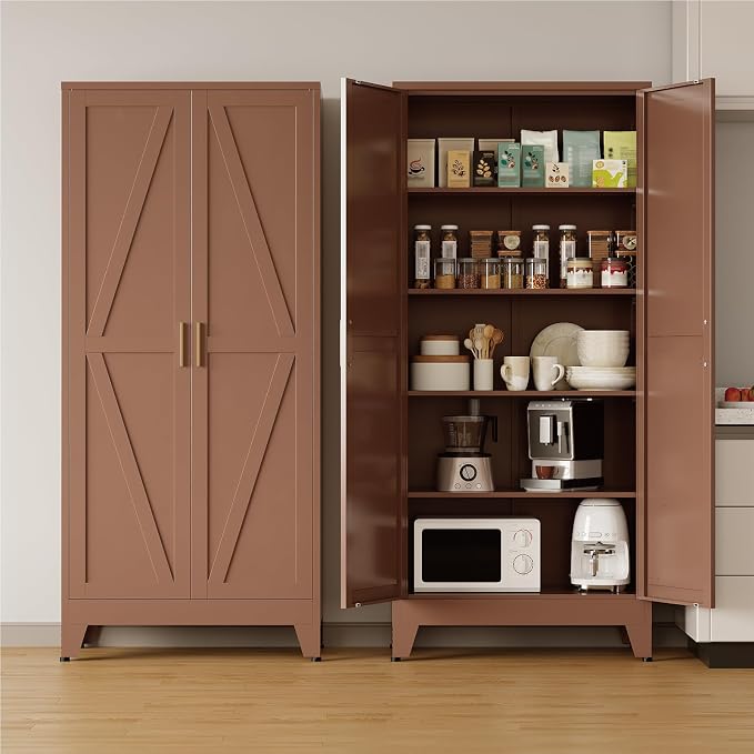 COFaR Metal Pantry Cabinet with Doors, Farmhouse 71'' Tall Storage Cabinet with 4 Adjustable Shelves, Kitchen Pantry Cabinet for Dinning Room, Garage, Laundry, Bathroom, Brown 5-Tier