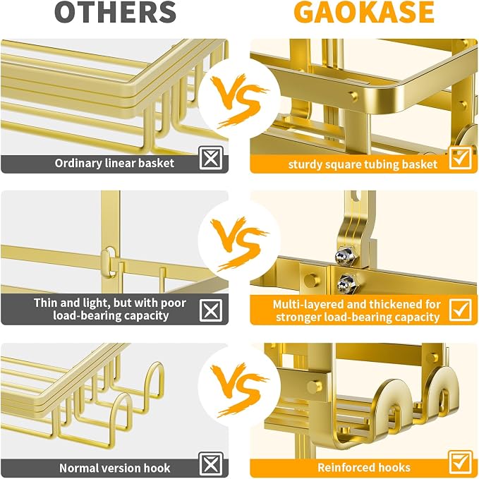 GAOKASE Aluminum Shower Caddy Hanging, Never Rust Shower Organizer | 4 Levels with adjustable Height 10 Hooks for Razor/Sponge - Rack with Soap Basket (Gold)
