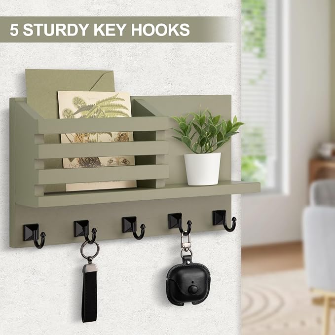 Key Holder Wall Mount, Mail Organizer for Wall with 5 Square Rustic Key Hooks Key Shelf Farmhouse Home Decor for Entryway