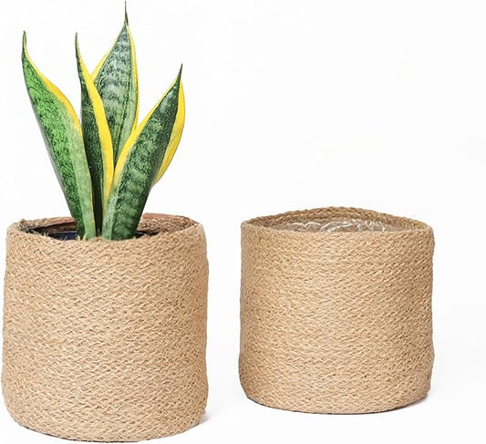 Jute Small Plant Pots- Woven Jute Set of 2, 6.5 inches- Brown | Jute Planter Basket-Woven Rope Covers for Decorating Indoor/Outdoor Succulents Multi-Purpose Storage Bins Modern Style Decor