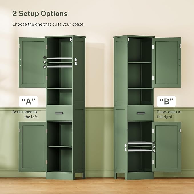 67" H Tall Bathroom Storage Cabinet with Barn Doors and Drawer, Narrow Bathroom Cabinet, Narrow Storage Unit, Adjustable Shelves, Floor Cabinets for Living Room, Forest Green