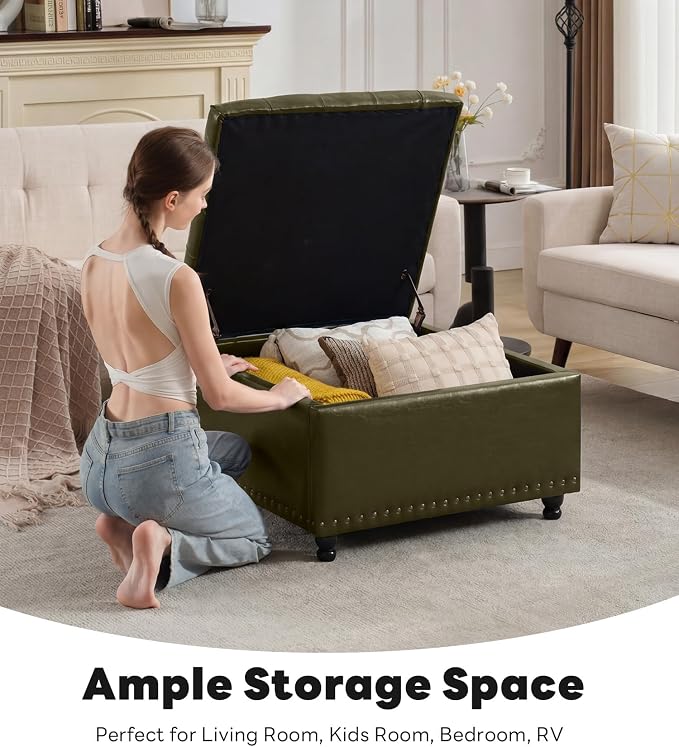 Tbfit Large Square Storage Ottoman Bench, Button Tufted Upholstered Coffee Table Ottoman with Wooden Legs, Oversized Storage Ottomans Toy Box Footrest for Living Room, Green PU