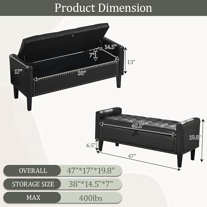 47'' Leather Storage Ottoman Bench, End of Bed Storage Bench with Wooden Legs, Upholstered Tufted Ottoman with Storage for Bedroom, Living Room, Entryway, Black