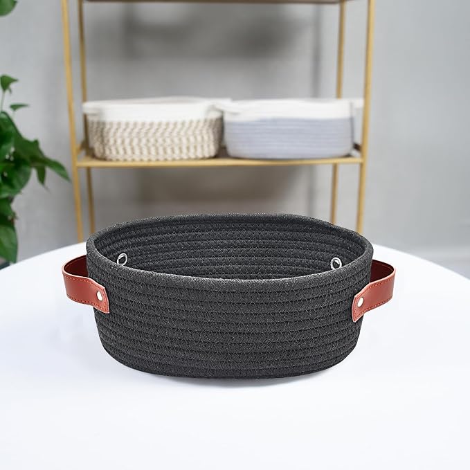 ABenkle Small Woven Basket, Mini Cotton Rope Storage Basket, Tiny Easter Basket, Shelf Basket, Oval Decorative Toy Dog Cat Basket for Nursery, Empty Gift Basket, 9.4" x 5.9" x 3.9" XS
