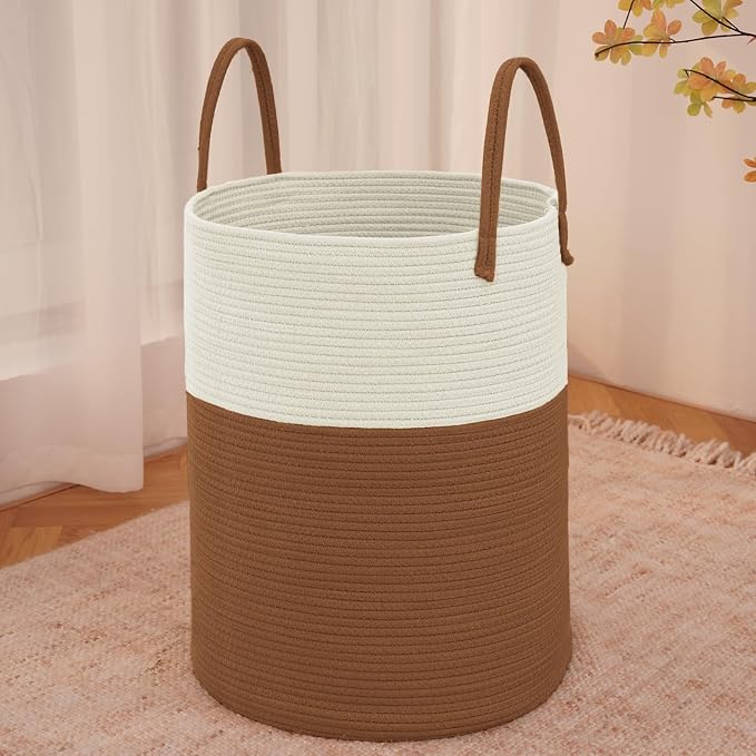 JMvicyroam 80L Cotton Rope Laundry Basket Hamper, White and Brown | Collapsible laundry basket, reinforced handles, freestanding, machine washable, holds 3-5 thick blankets, clothes or toys
