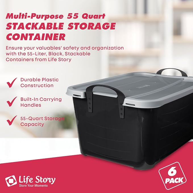 Life Story 6 Pack Stackable Storage Bin, 55 Qt Home Organizers, Black/Gray | Heavy-Duty Versatile Lightweight Locking Bins with Carrying Handles