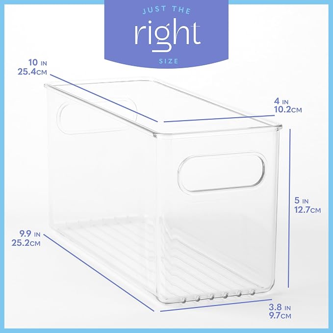 Plastic Food Storage 6 Pack Clear Container Bin with Handles for Organizing Kitchen, Pantry, Refrigerator, Freezer, Pantry, Cabinet, Closet, Bathroom. 10”x4”x5”