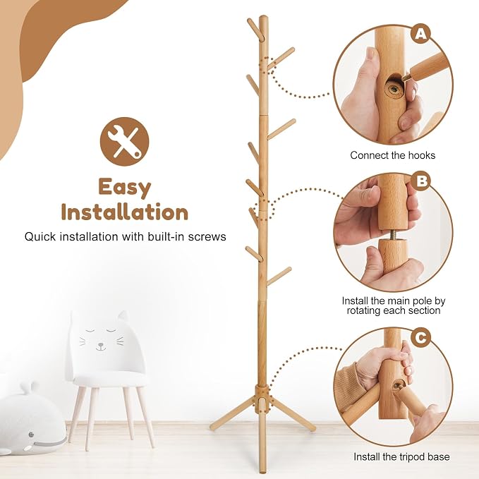 Cozivolife Kid's Coat Rack Stand: Height Adjustable with 9 Hooks (Natural) | Beech Wood Coats Tree for Cloth Hats and Handbags - Freestanding Child Clothes Racks for Hallway Entryway Bedroom