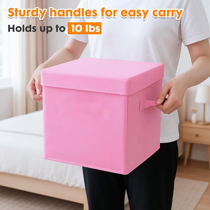 ShellKingdom Storage Bins, Foldable Fabric Storage Cube with Lid for Closet | Clothes Storage Organizer Drawer For Closet Toys Storage, 13 X 13 X 13 INCH, 2 Pack (Pink)