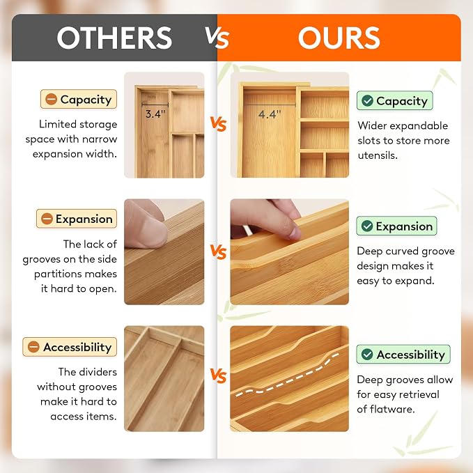 Lifewit Silverware Drawer Organizer, Wooden Utensil Tray for Kitchen | Expandable Flatware and Cutlery Holder, Adjustable Storage for Spoons Forks Knives, 12-21 x 17", Natural