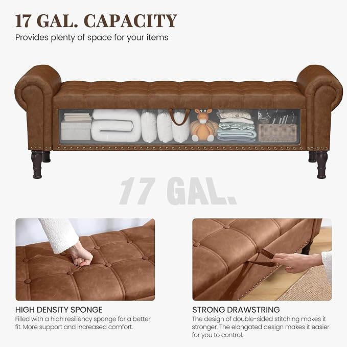 YOUDENOVA 60" Entryway Bench with Storage, PU Leather End of Bed Bench with Tufted Button, Upholstered Ottoman Bench with Rolled Arms for Living Room, Storage Room, Bedroom, Brown