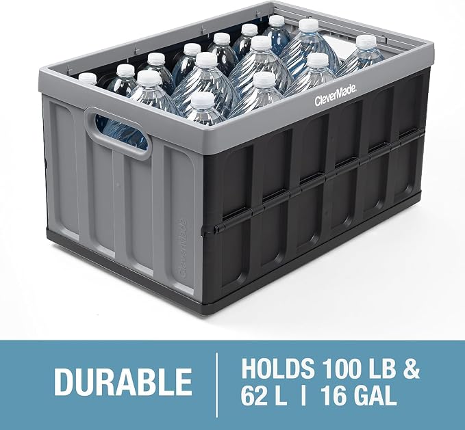 CleverMade Collapsible Storage Bins with Lids, 62L, 3 Pack, Obsidian | Large-capacity bins support 100 lb and stack securely. The lid stores underneath, and each crate folds to 2.5 inches.