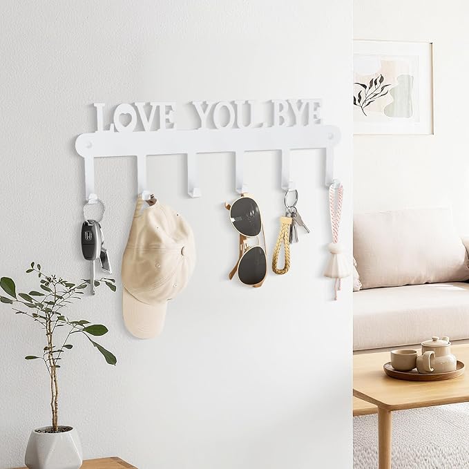 Key Holder for Wall - 'Love You Bye' Key Hooks, White, 6 Hooks | Key Holder Wall Mount Self Adhesive, Key Rack Wall Mount for Wall No Drill for Living Room, Kitchen, Bathroom, Garage