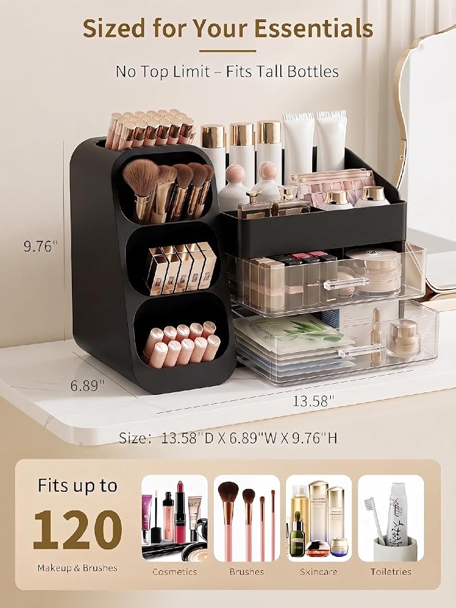 Booklov Large Makeup Organizer for Vanity Countertop, Black | Clear Acrylic Cosmetic Display Case, Beauty Brush Holder for Bathroom Counter, Make Up Skincare Lipsticks Storage