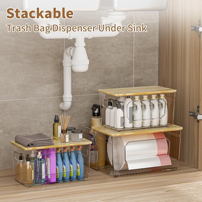 spospo Trash Bag Holder 3-in-1 Under Sink Organizer with Bamboo Lid | Acrylic Trash Bag Dispenser with Pull-Out Basket for Cleaning Supplies, Garbage Bag Holder for Kitchen Laundry Room Storage