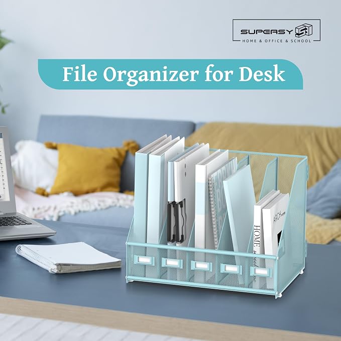 SUPEASY Desk Organizers Metal Desk Magazine File Holder with 5 Vertical Compartments Rack File Organizer for Office Desktop, Classroom, Home Workspace, Blue