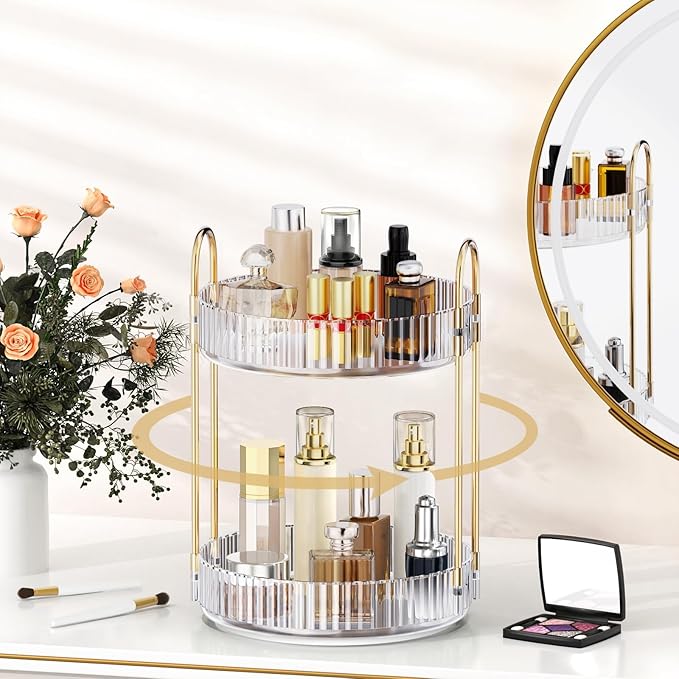 MOKANI 360 Rotating Makeup Organizer for Vanity, 2 Tier Perfume Organizer | Adjustable Multi-Function Spinning Cosmetics Skincare Storage for Bedroom, Dresser, Countertop, Clear