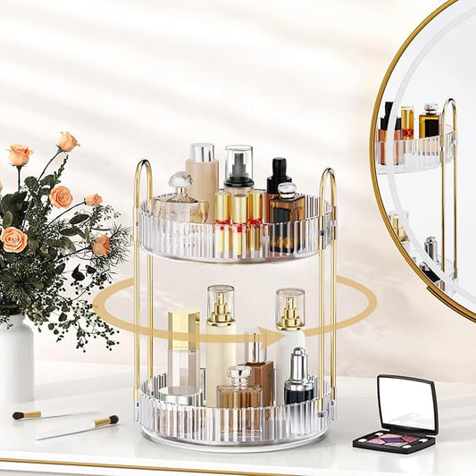 MOKANI 360 Rotating Makeup Organizer for Vanity, 2 Tier Perfume Organizer | Adjustable Multi-Function Spinning Cosmetics Skincare Storage for Bedroom, Dresser, Countertop, Clear