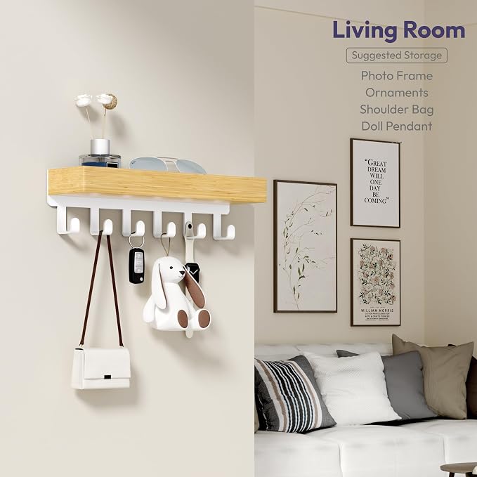 SWTYMIKI Key Holder Wall Mount-Wooden Key Hooks for Wall with Mail Organizer & 6Hooks, 2Installation Ways Key Hanger, Key Rack with Shelf for Entryway Living Room Bedroom Home Decor Wood White Hook