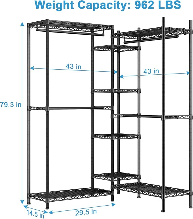 Ulif E4 Clothes Rack, Heavy-Duty Garment Rack, Metal Freestanding Clothing Organization Storage System Can Be L-Shaped with Shelves and Hangers, Max Load 962lbs, 71.6" W x 14.5" D x 79.3" H, Black | Metal Freestanding Clothing Organization Storage Syst...