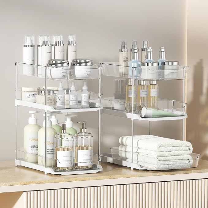 Delamu 2 Sets of 3-Tier Bathroom Under Sink Organizers and Storage, Multi-Purpose Stackable Pantry Organization and Storage, Pull Out Clear Kitchen Bathroom Cabinet Organizer with Movable Dividers | Storage