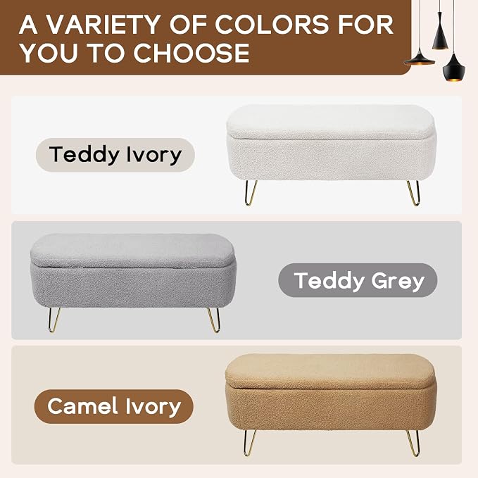 Modern Storage Ottoman Bench, Vintage Boucle Upholstered Entryway Bench, End of Bed Bench with Gold Legs, Padded Bench with Storage for Living Room, Bedroom, Entryway (Camel)