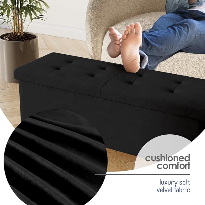 Storage Ottoman Bench with Bins, 43-in Storage Bench for Bedroom End of Bed, Folding Foot Rest Ottoman for Living Room Max 660lbs, Velvet Ottomans, Black