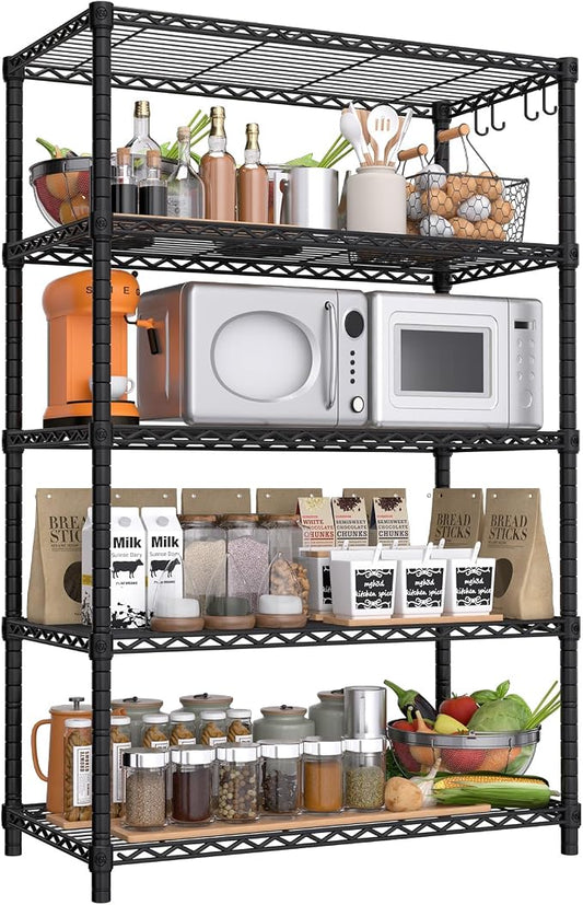 PrimeZone Wire Storage Shelves, 5-Tier Adjustable NSF Metal Shelving | Alloy Steel Structure, 1250 LBS Capacity, Adjustable Leveling Feet, 4 Hooks, 35.5"W x 14"D x 72"H for Kitchen, Pantry, Closet