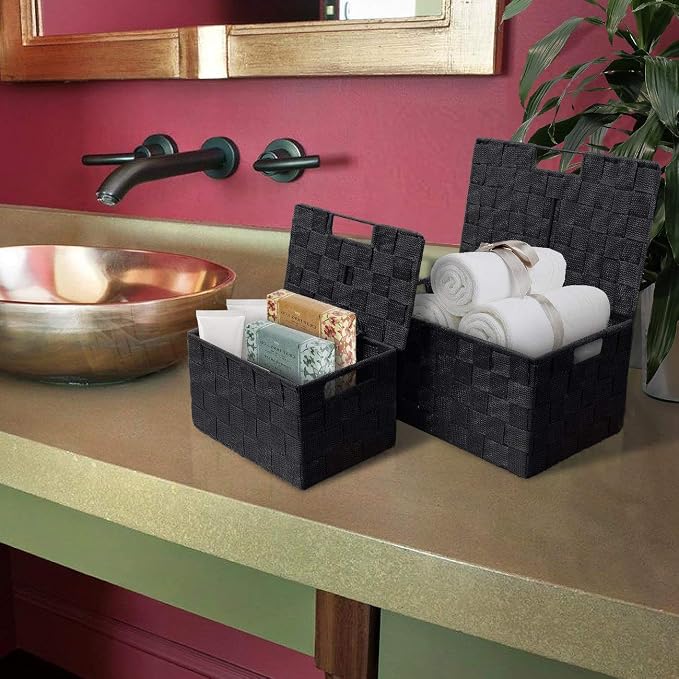 Sorbus Set of 3 Black Woven Storage Baskets with Lids – Mesh Hand-Woven Bins for Closet, Shelf, and Linen Organization – Variety Pack
