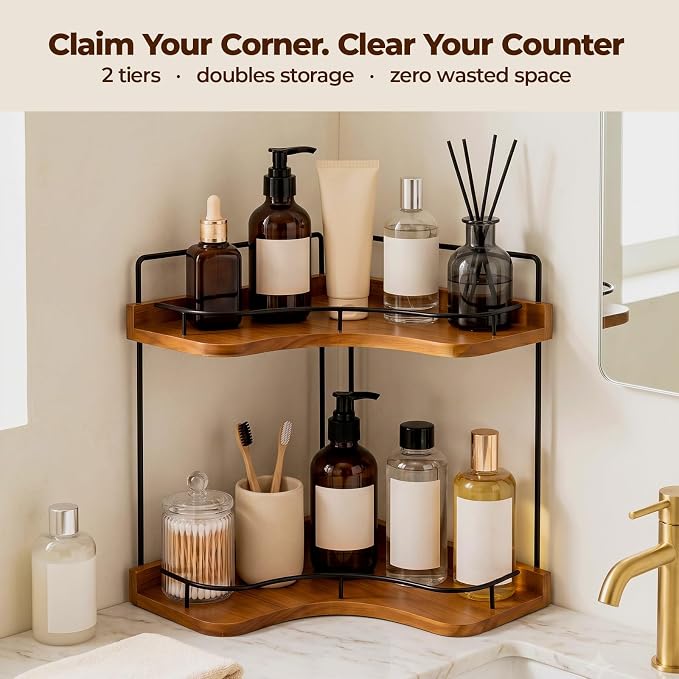 Rofio 2-Tier Corner Bathroom Counter Organizer with Solid Wood Shelf | Natural wood vanity storage rack for skincare & makeup. Fits bathroom, kitchen, bedroom & countertop corners.