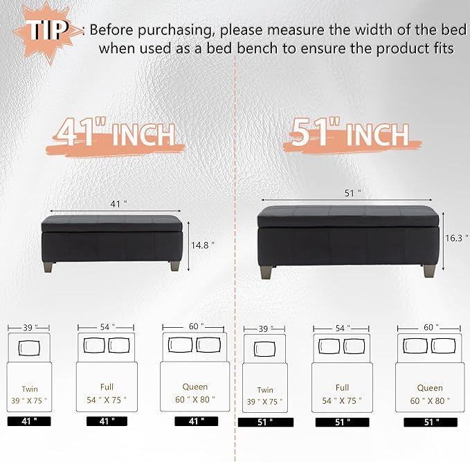 41" Storage Ottoman, Storage Bench with Safety Hinge, Upholstered Synthetic Leather Ottoman Bench for Bedroom, Living Room, Entryway, Hallway, Foot Rest, Support 500lbs, Black