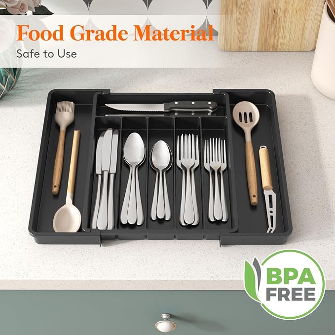 Lifewit Silverware Drawer Organizer, Expandable Utensil Tray for Kitchen, BPA Free Flatware and Cutlery Holder, Adjustable Plastic Storage for Spoons Forks Knives, 11-18 x 14", Black
