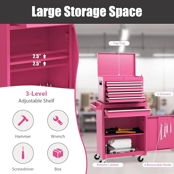 Goplus Pink Tool Chest, 5 Drawers Rolling Tool Cabinet w/Detachable Top Toolbox, Universal Lockable Wheels,Lock Bar,Protective Liner,Tool Rack, Metal Tool Storage Cart, Tool Box for Garage Workshop