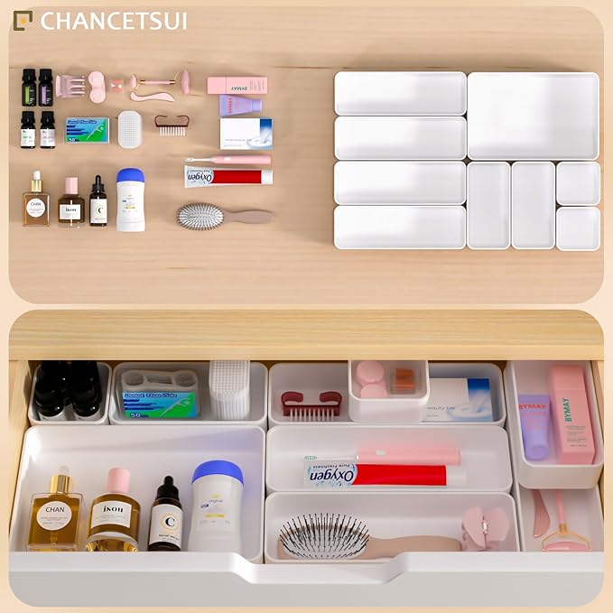White Desk Drawer Organizer Trays: 9PC Shallow Vanity Bathroom Organizers | cosmetic short office plastic stackable storage quality makeup dorm kitchen