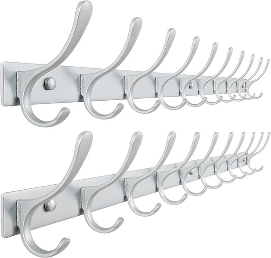 SKOLOO Coat Rack Wall Mounted - 10 Hooks, Pack of 2, Heavy Duty, Stainless Steel, Metal Wall Hangers, Sturdy Coat Hooks for Hanging Coats, Jacket, Clothes, Hat, Cold Light Silver