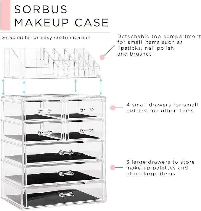 Sorbus Acrylic Makeup Organizer Set, 7-Drawer Vanity & Countertop Cosmetic Storage with Small & Wide Compartments, CLear Makeup Storage for Brushes, Jewelry – Holiday Gift for Women & Teens