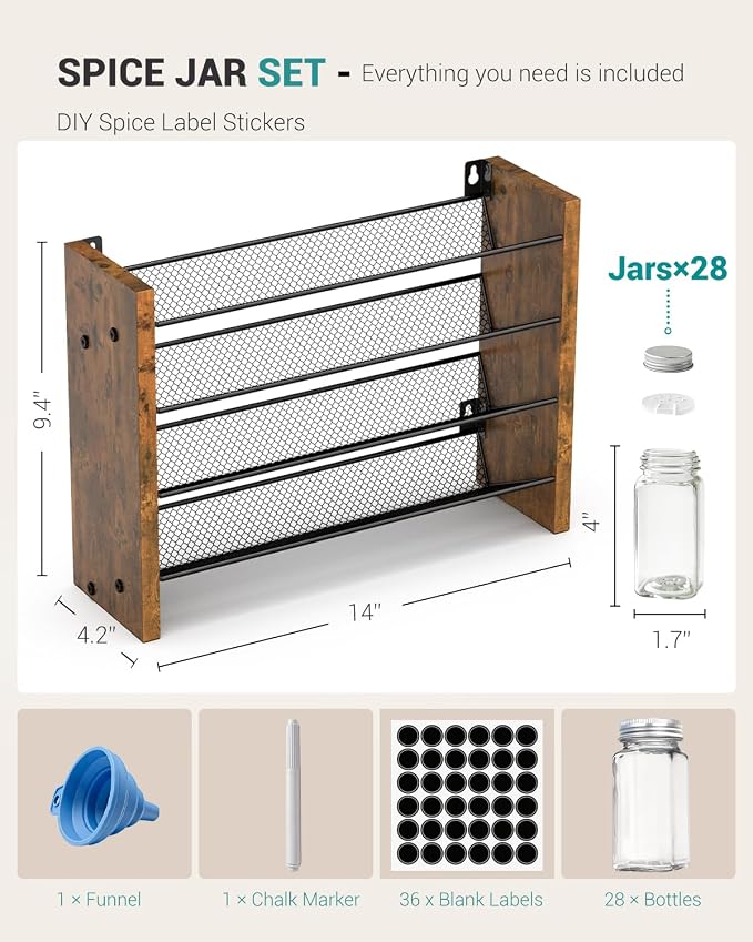 NESAPTO Spice Rack Organizer with 28 Glass Spice Jars, Wood 4-Tier Seasoning Organizer with Labels for Cabinet, Pantry, Countertop or Wall Mount, Chalk Marker and Funnel Set, 14" W × 9.4" H