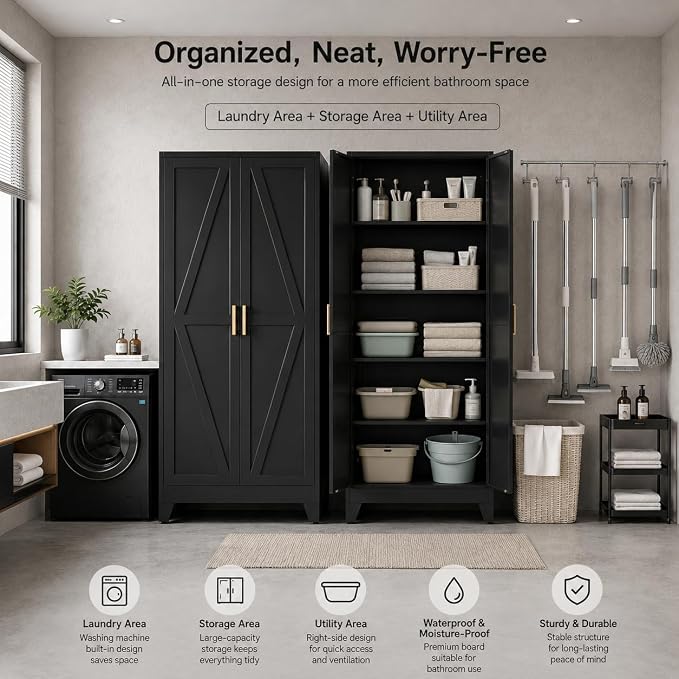 71" H Black Metal Storage Cabinets,Garage Storage Cabinet,Tall Pantry Cabinet with Doors,Kitchen Food Storage Cabinet,Farmhouse Storage Cabinets for Kitchen, Dining Room