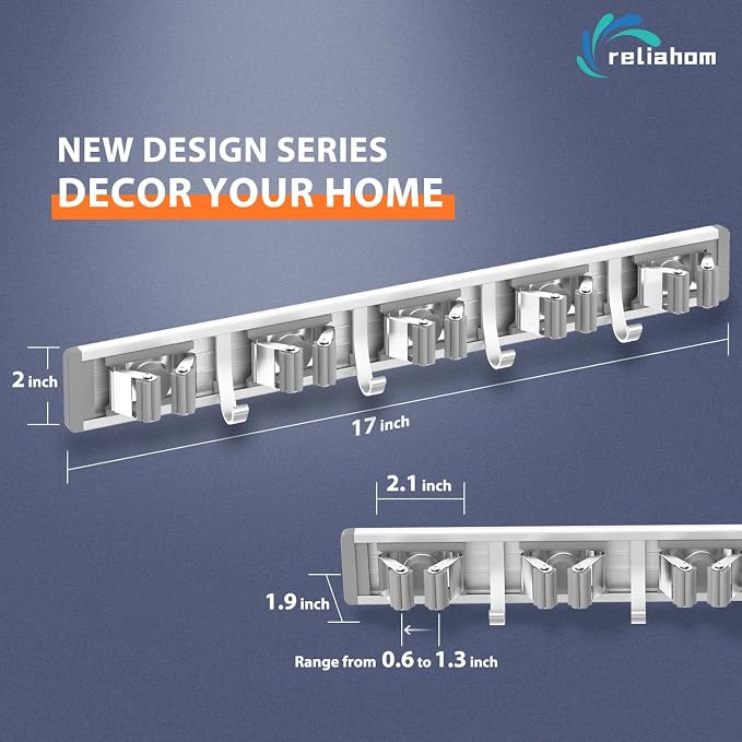 reliahom Broom Holder Wall Mount Mop Hanger Tools organizer 5Racks4Hooks,2P | Adjustable Mop Broom Wall Hanging Heavy Duty Tools Storage Rack Space-saving for Garage,Kitchen,Laundry Room,Garden, Silver