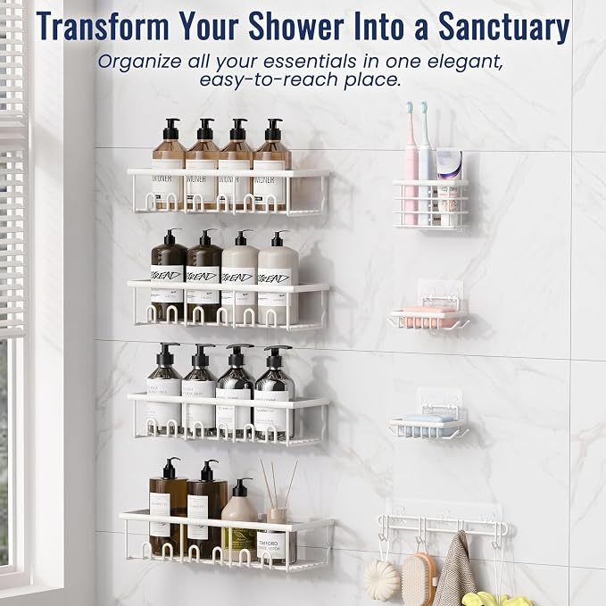 8 Pack Adhesive Rustproof Shower Caddy with Soap Dishes, Toothbrush Holder & Hooks, Large Capacity No-Drilling Shower Shelves Rack for Bathroom Organizers and Storage Accessories, White