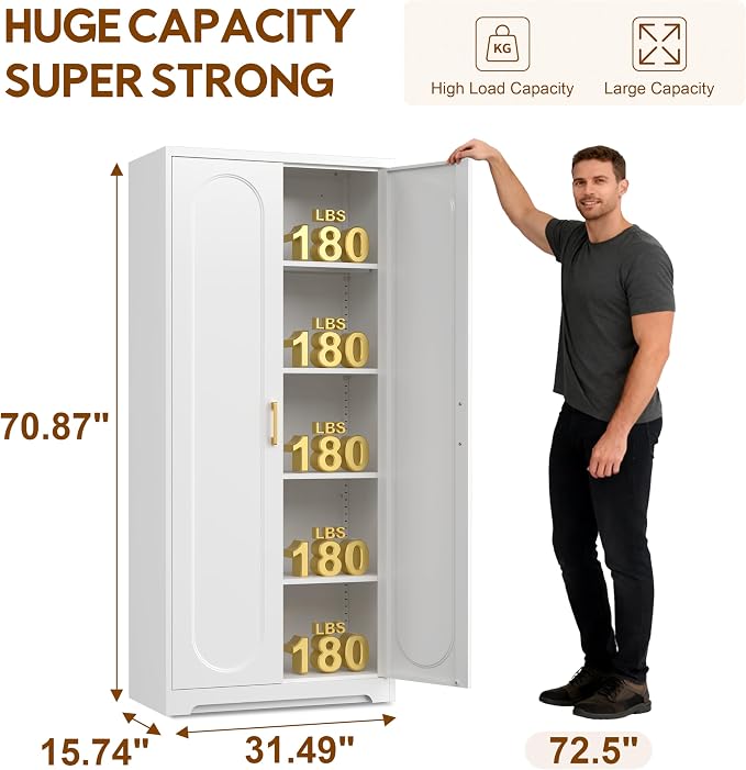 UNICOLY 71" Tall Storage Cabinet, Metal Kitchen Pantry Storage Cabinets | Pantry Cabinet with Doors and 4 Shelves，White Cabinets for Laundry Room, Living Room, Dinning Room, Assembly Required