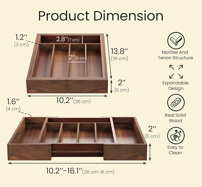 Fibogollo Expandable Acacia Wood Silverware Organizer，5-7 Slots | Adjustable Drawer Organizer,Flatware and Utensils Organizer Tray,Utensil Holder（10.2-16.1 x 13.8 x 2 inch）