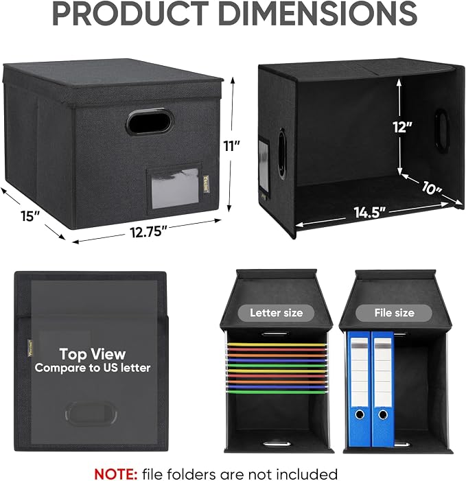 BALEINE File Organizer Box with Lid, Collapsible File Folder Organizer with Plastic Slide, Hanging File Folder Box for Office Document Storage (Tab Friendly, 2 Pack, Black)