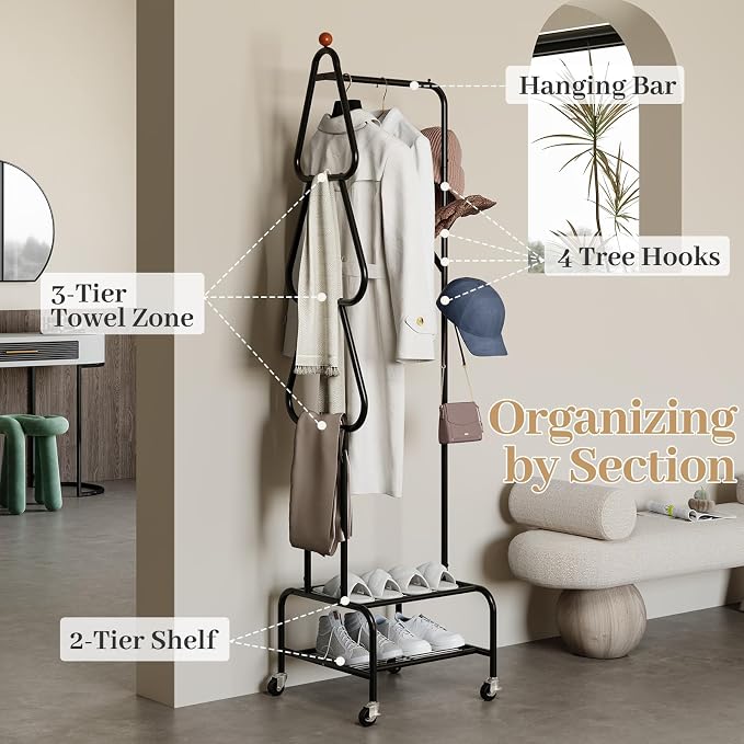 Clothes Rack, Metal Garment Rack with Wheels and Shelves, Rolling Portable Clothing Racks for Hanging Clothes, Freestanding Storage Solution for Small Spaces (Black)