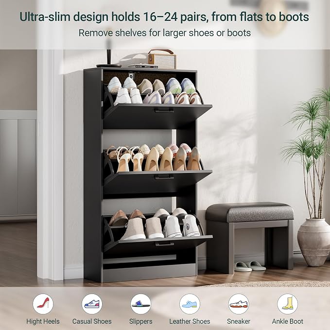 Shoe Cabinet with 3 Flip Drawers, Narrow Freestanding Shoe Organizer, Hidden Slim Shoe Storage Cabinet for Entryway, Hallway, Living Room, Black